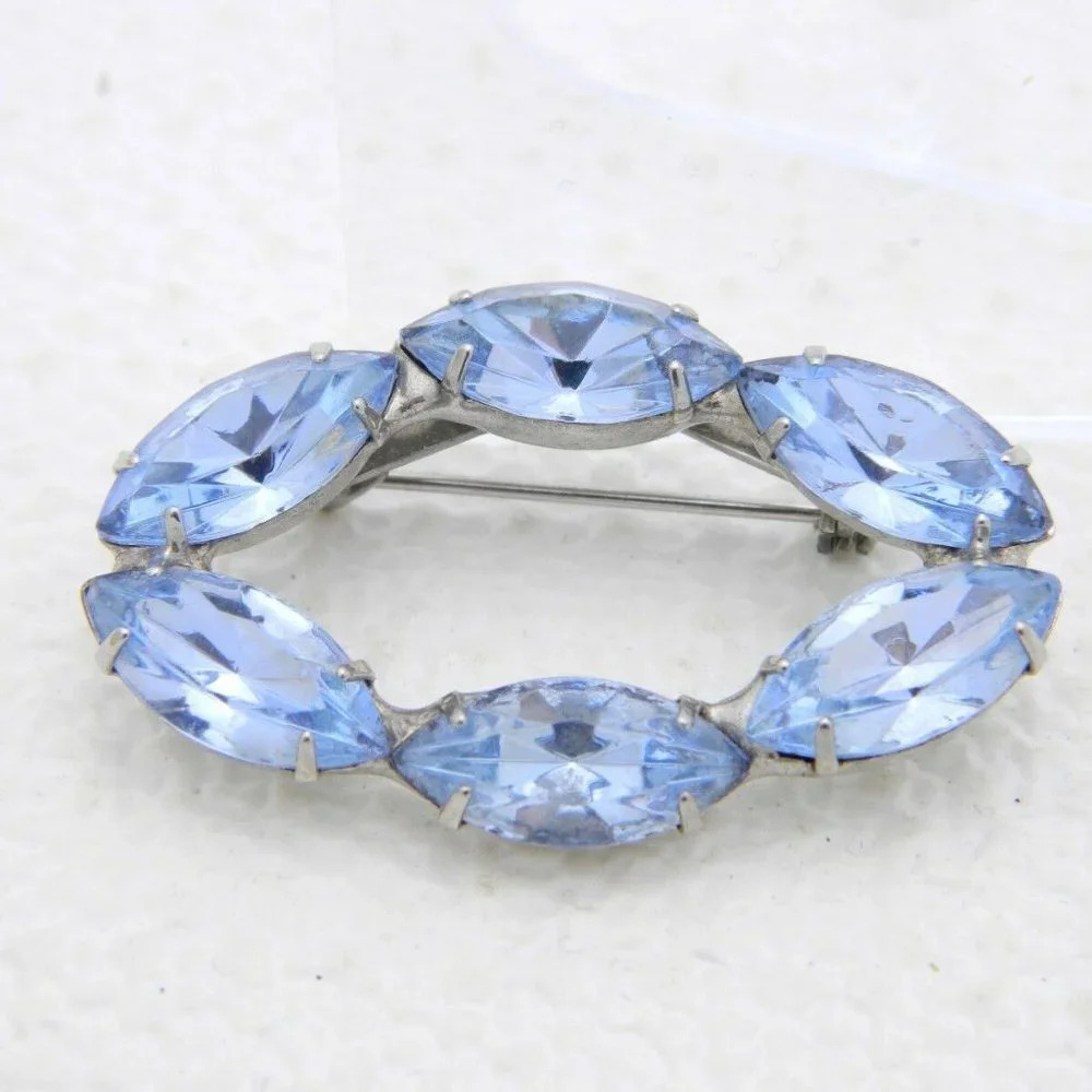.925 Sterling Silver Blue Glass Rhinestone Pin